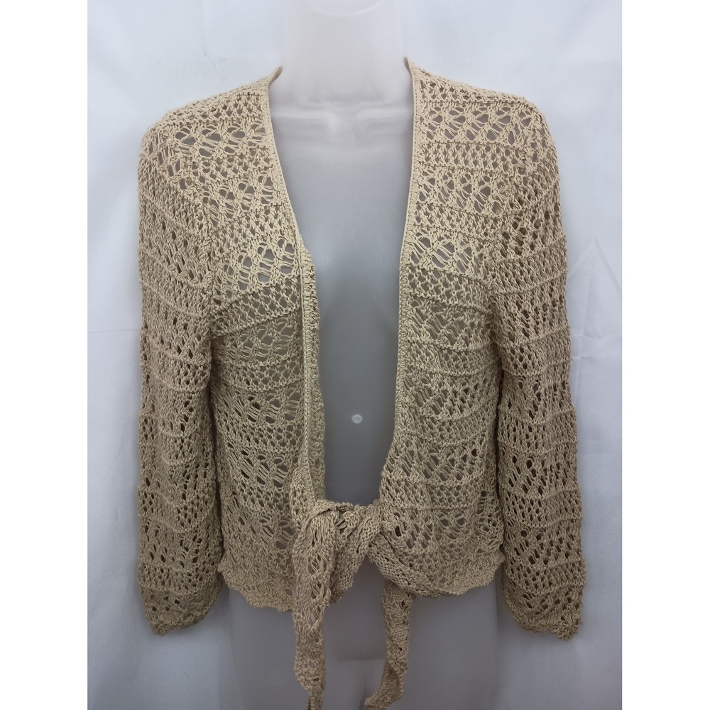 tan beachy sheer fairy y2k boho long sleeve cardigan shall crochet knit office L - Picture 5 of 7